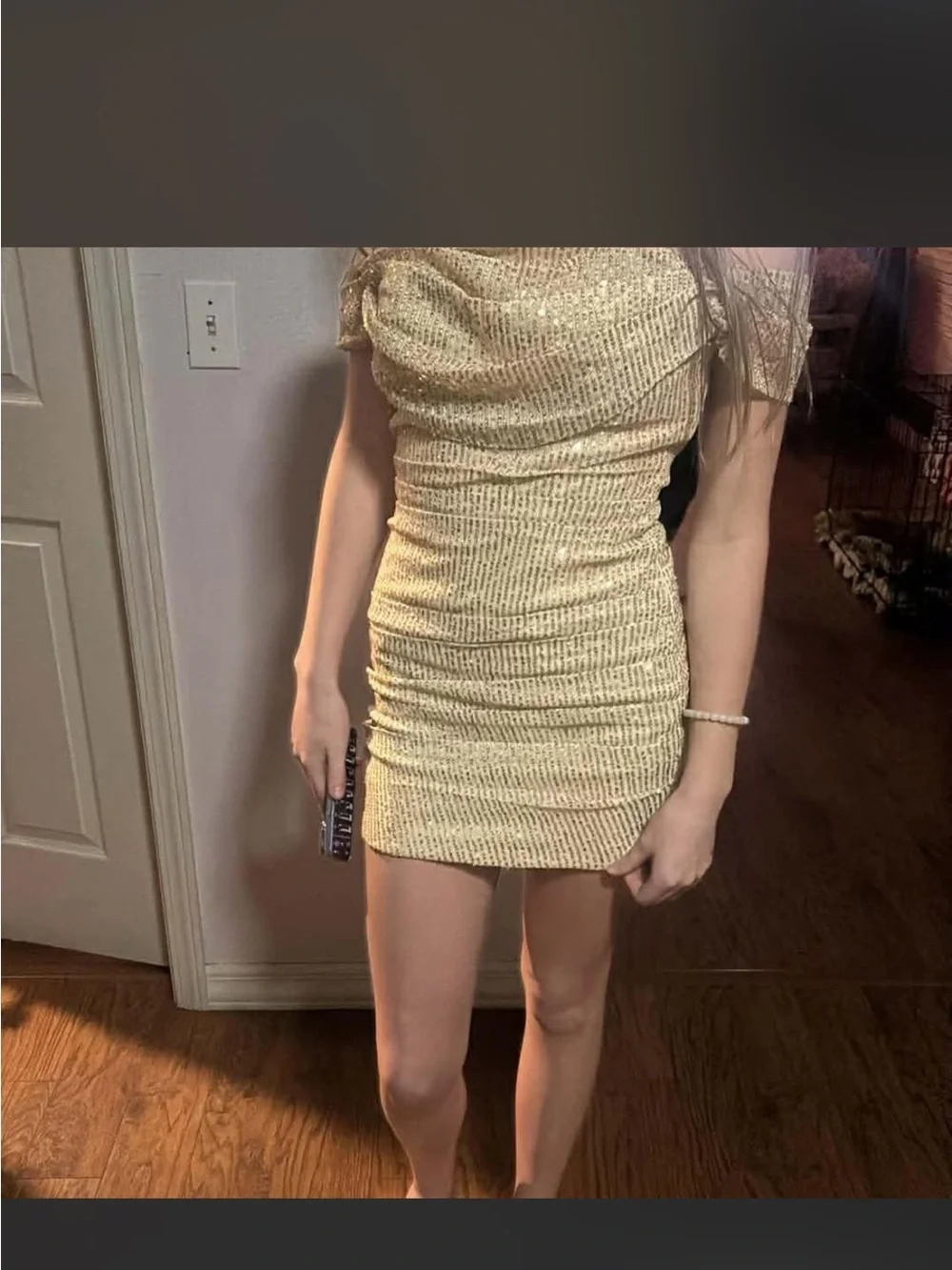Gold Off-Shoulder Ruched Mini Dress - Picture 2 of 3